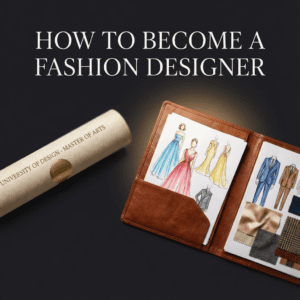 میز کار طراح لباس شامل ابزارهای طراحی، اسکیس و پارچه برای مقاله چگونه طراح لباس شویم