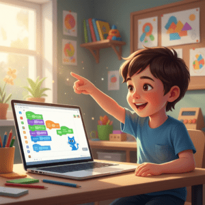 کودک شاد و هیجان‌زده در حال یادگیری در دوره آموزش اسکرچ کودکان با لپ‌تاپ