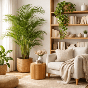 چیدمان دکوراسیون داخلی با نخل اریکا و گیاهان رونده در کنار صندلی مطالعه و کتابخانه جهت ایجاد فضای آرام‌بخش